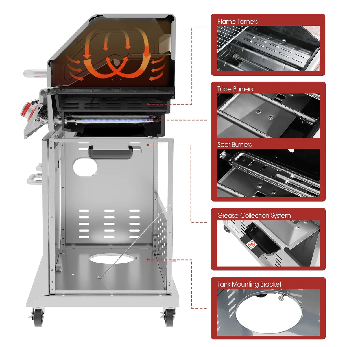 Royal Gourmet 5-Burner Gas Grill With Rotisserie Kit, Sear Burner And Side Burner, 64,000 BTU, Silver - GA5404S