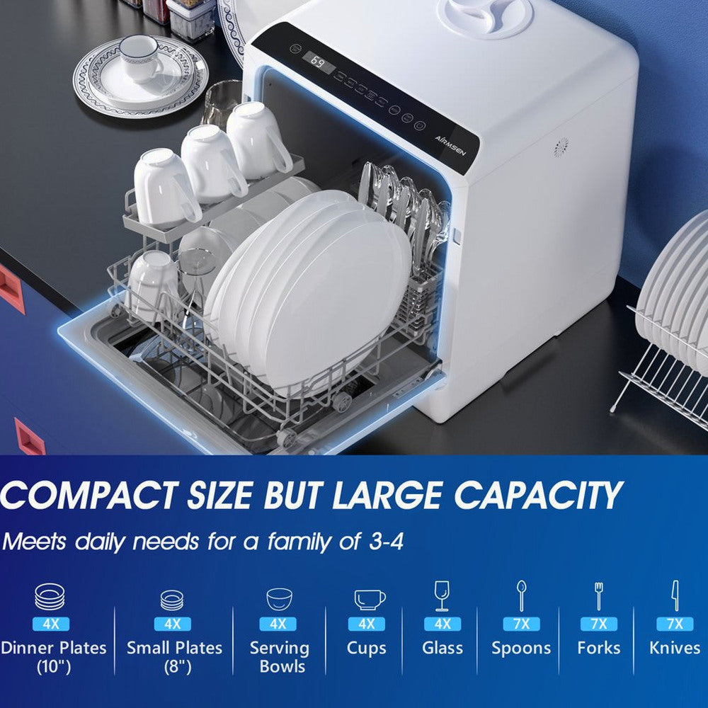 AIRMSEN Portable Countertop Dishwasher, 5-Liter Built-In Water Tank, 5 Washing Programs - AE-TDQR03
