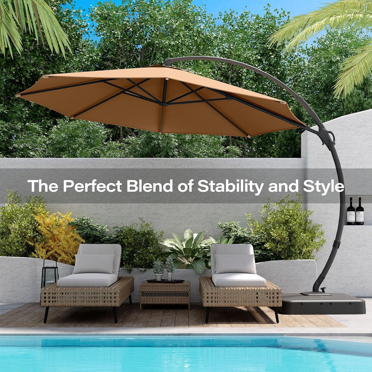 LAUSAINT HOME 11 FT Beige Curvy Cantilever Patio Umbrella With Base