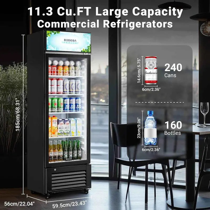 BODEGACOOLER Commercial Glass-Door Refrigerated Display Case, 11.3 Cu. Ft., 1 Door - SC-330FA-BK