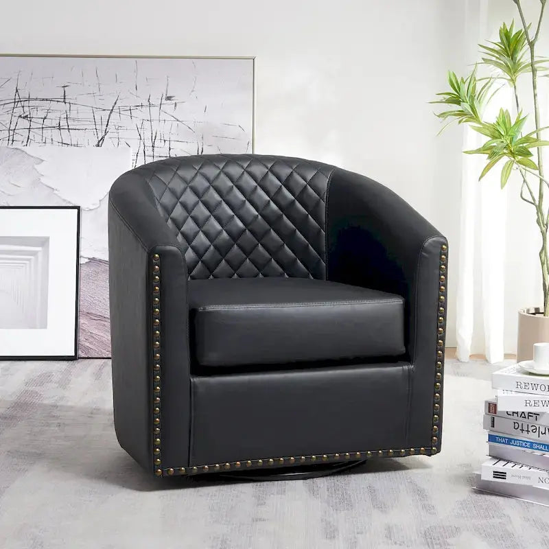 KINWELL Swivel Barrel Chair, 29 in Wide Tufted PU Leather - 360 Degree Rotation