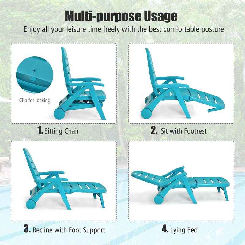 Rolling Folding Plastic Pool Lounge Chair With Armrests, 5 Position - Patio Deck Beach Chair