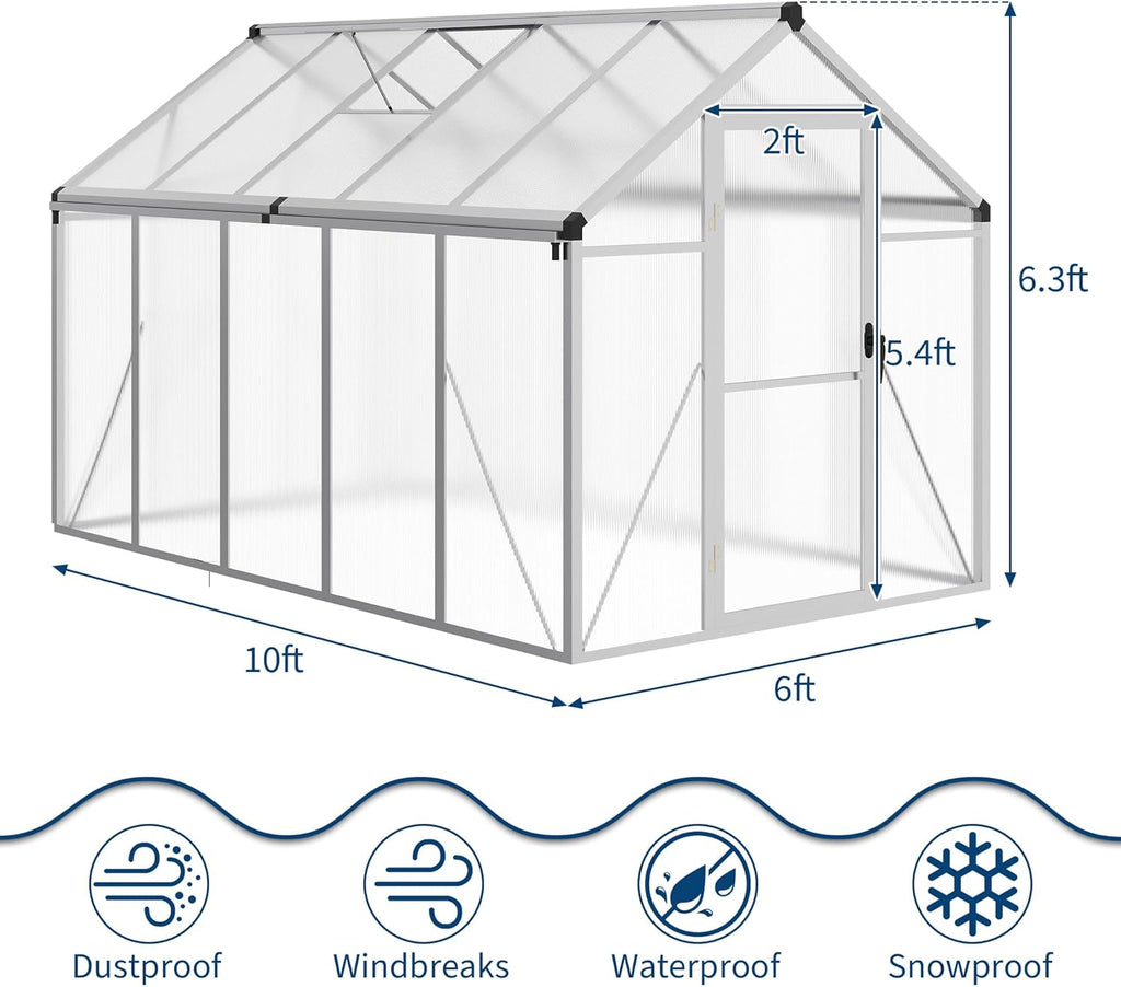 Garvee 6 x 10 ft Green Polycarbonate Greenhouse With Aluminum Frame, Lockable Door And Adjustable Roof Vent