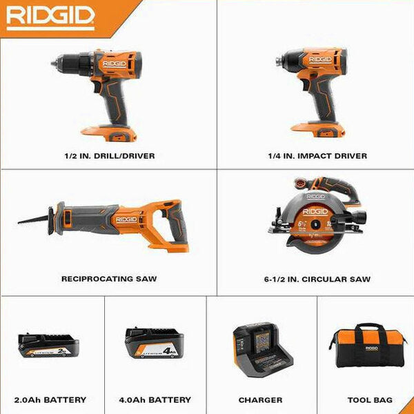 RIDGID 18V 4-Tool Cordless Combo Kit With 2.0 Ah Battery, 4.0 Ah Battery, Charger, Bag And Drywall Cut-Out Tool - R96256