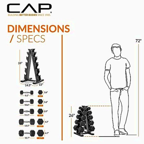 CAP Barbell 150 LB Coated Hex Dumbbell Weight Set With Vertical Rack, Black