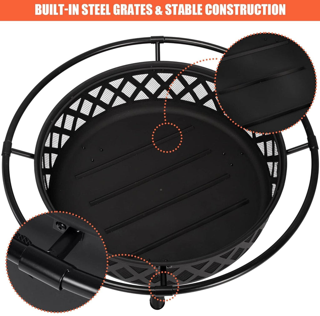 SUNCREAT 42 Inch Star Pattern Wood Burning Patio Fire Pit With Mesh Spark Screen And Poker, Black