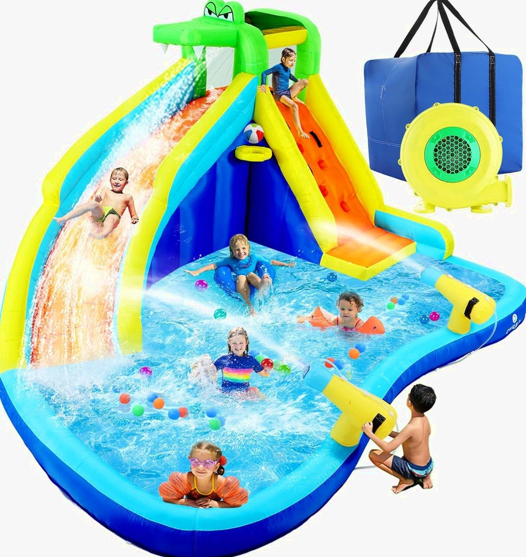 ROOJER 8-in-1 Kids Inflatable Bounce House Water Park With 450W Blower, 2 Water Cannons, Crocodile Sprinkler - B0C2HLK2R4