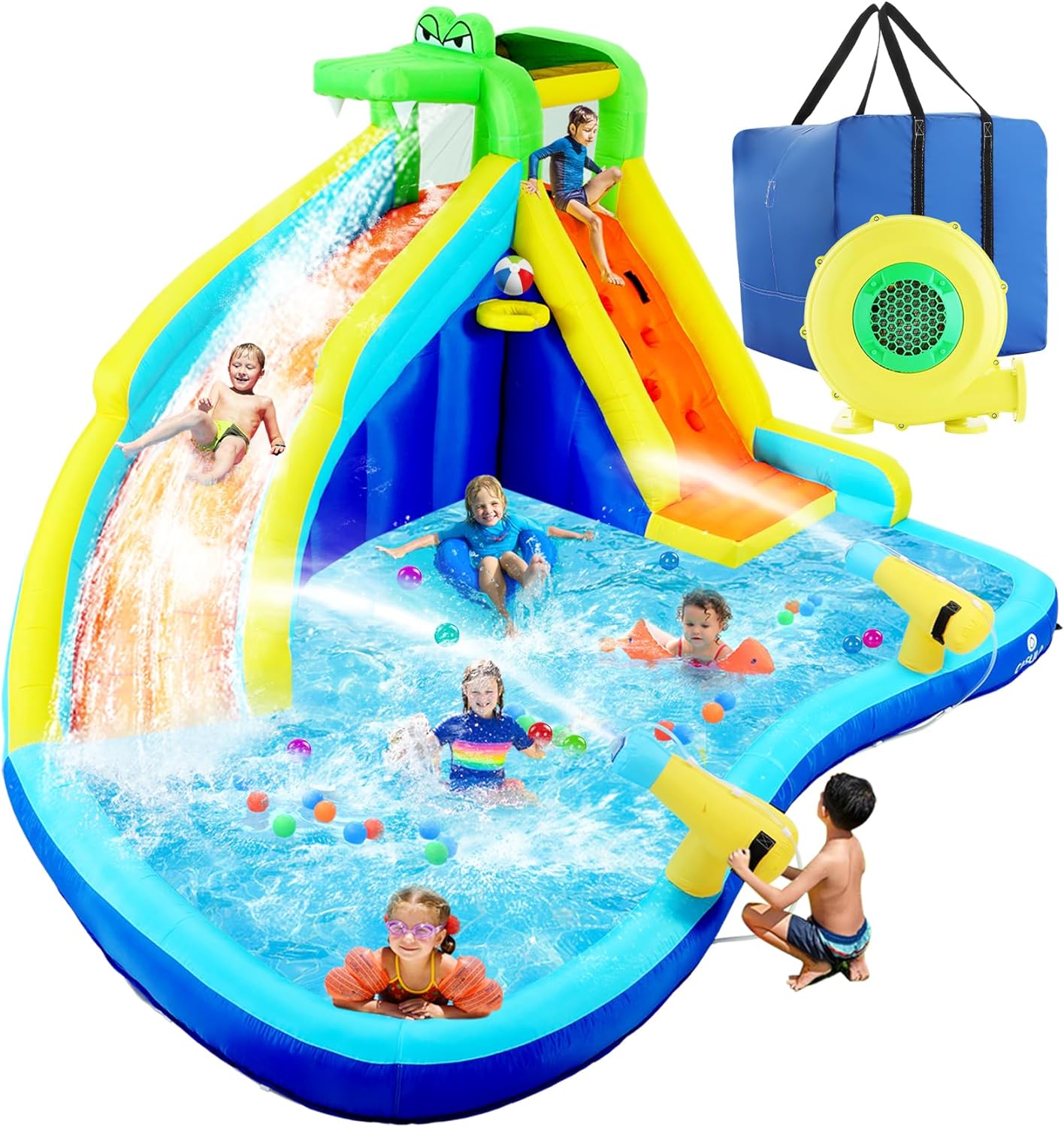 ROOJER 8-in-1 Kids Inflatable Bounce House Water Park With 450W Blower, 2 Water Cannons, Crocodile Sprinkler - B0C2HLK2R4