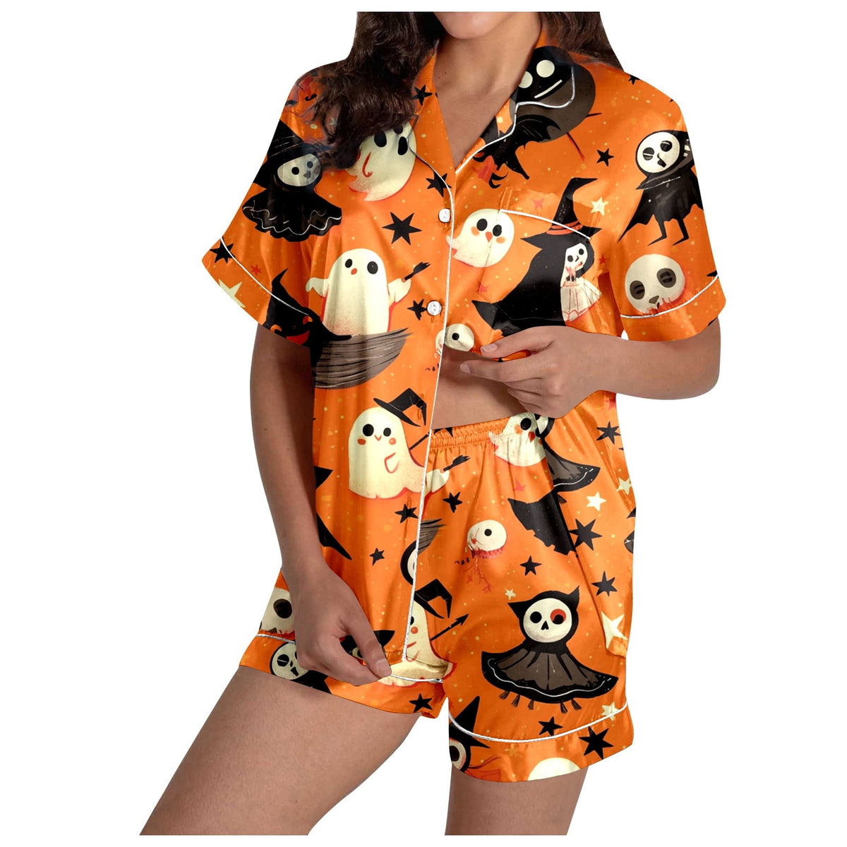 MEZZALL Women Halloween Printed Pajama With Lapel Collar Short Sleeve Tops And Shorts For Home Wear Cozy For Lightweight And Breathable Comfort Relaxed Fit 2 Piece Pjs