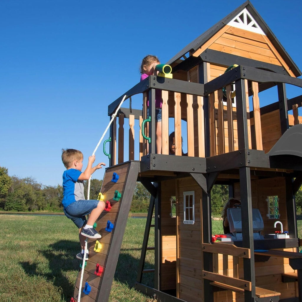 Backyard Discovery Canyon Creek Cedar Wood Swing Set With 8-Foot Wave Slide, Clubhouse And Play Kitchen