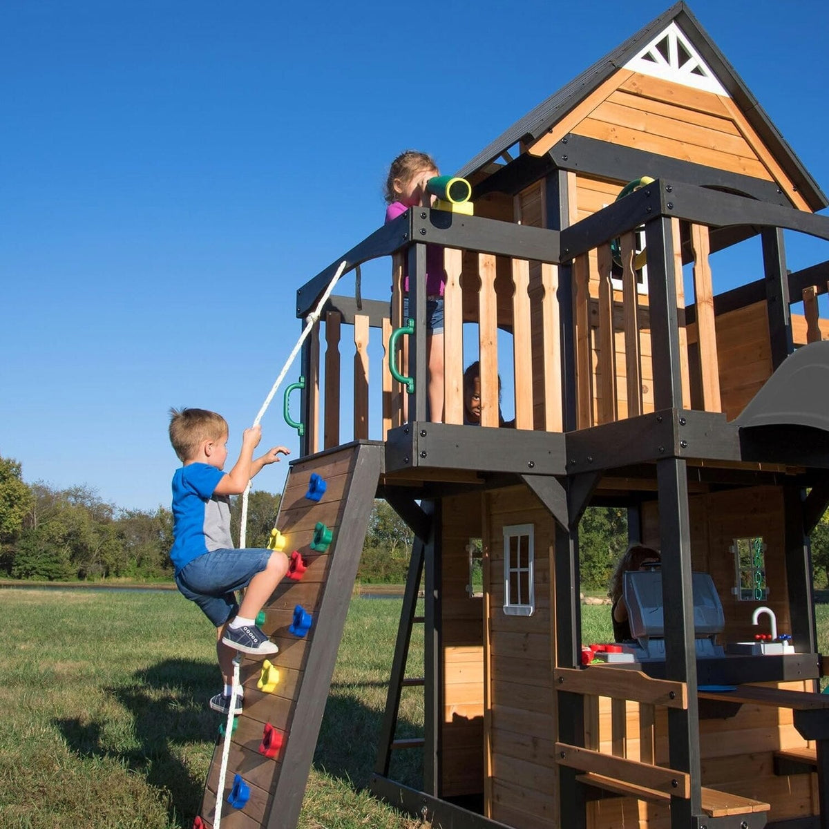 Backyard Discovery Canyon Creek Cedar Wood Swing Set With 8-Foot Wave Slide, Clubhouse And Play Kitchen