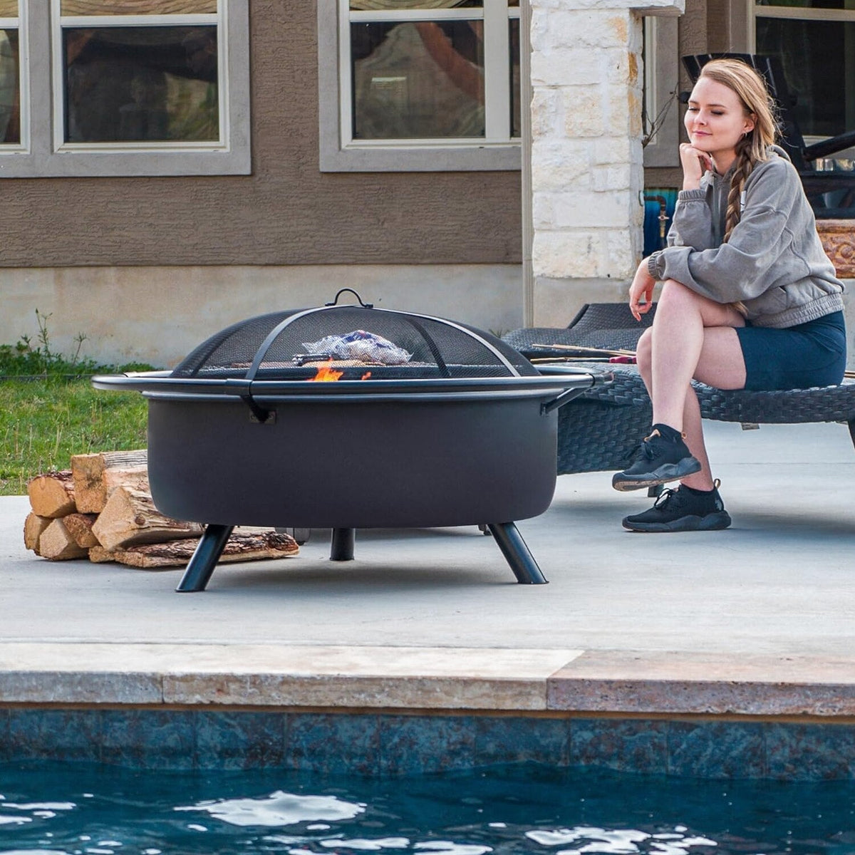 SUNCREAT 42 Inch Star Pattern Wood Burning Patio Fire Pit With Mesh Spark Screen And Poker, Black