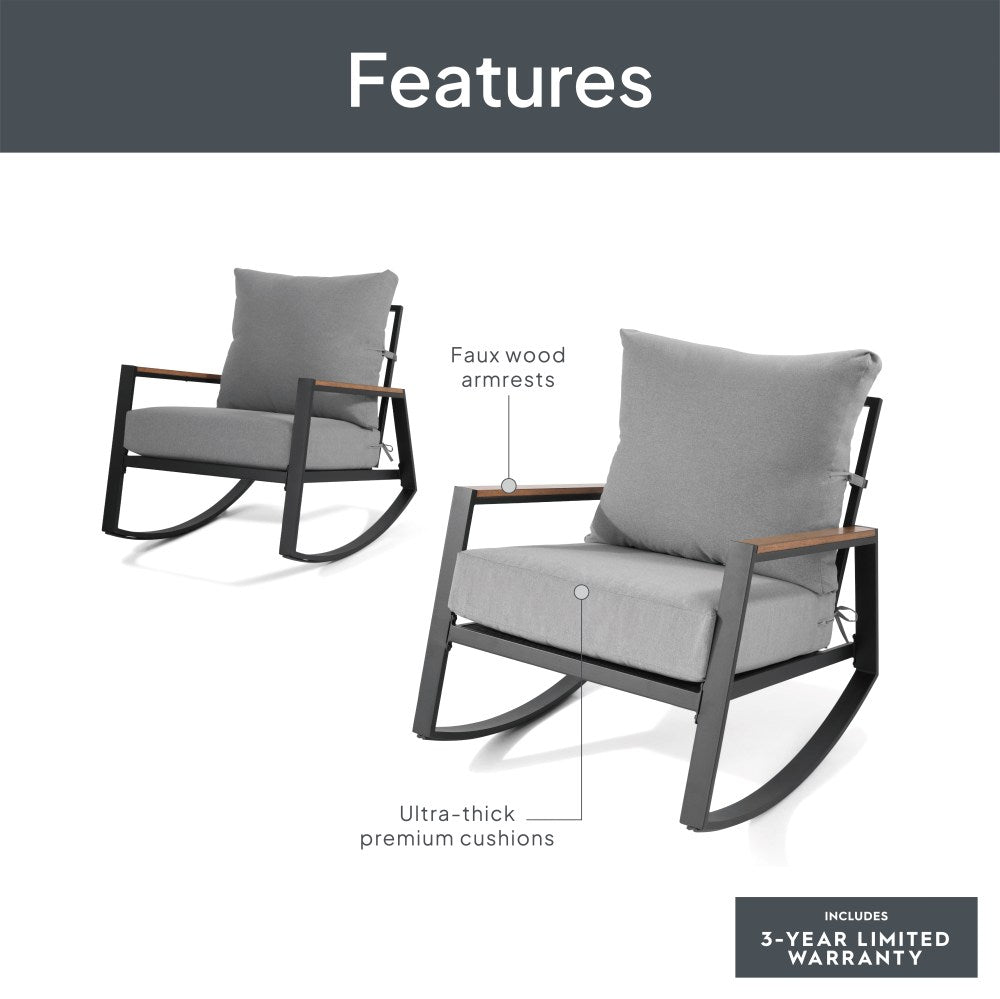Better Homes & Gardens Marlow Outdoor Patio Rocking Chairs 2 Pack Black Frame Gray Cushion