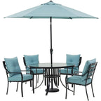 Hanover Lavallette 5-Piece Patio Dining Set With Ocean Blue Chairs, 52-Inch Round Glass Table, 9-Ft Umbrella And Base