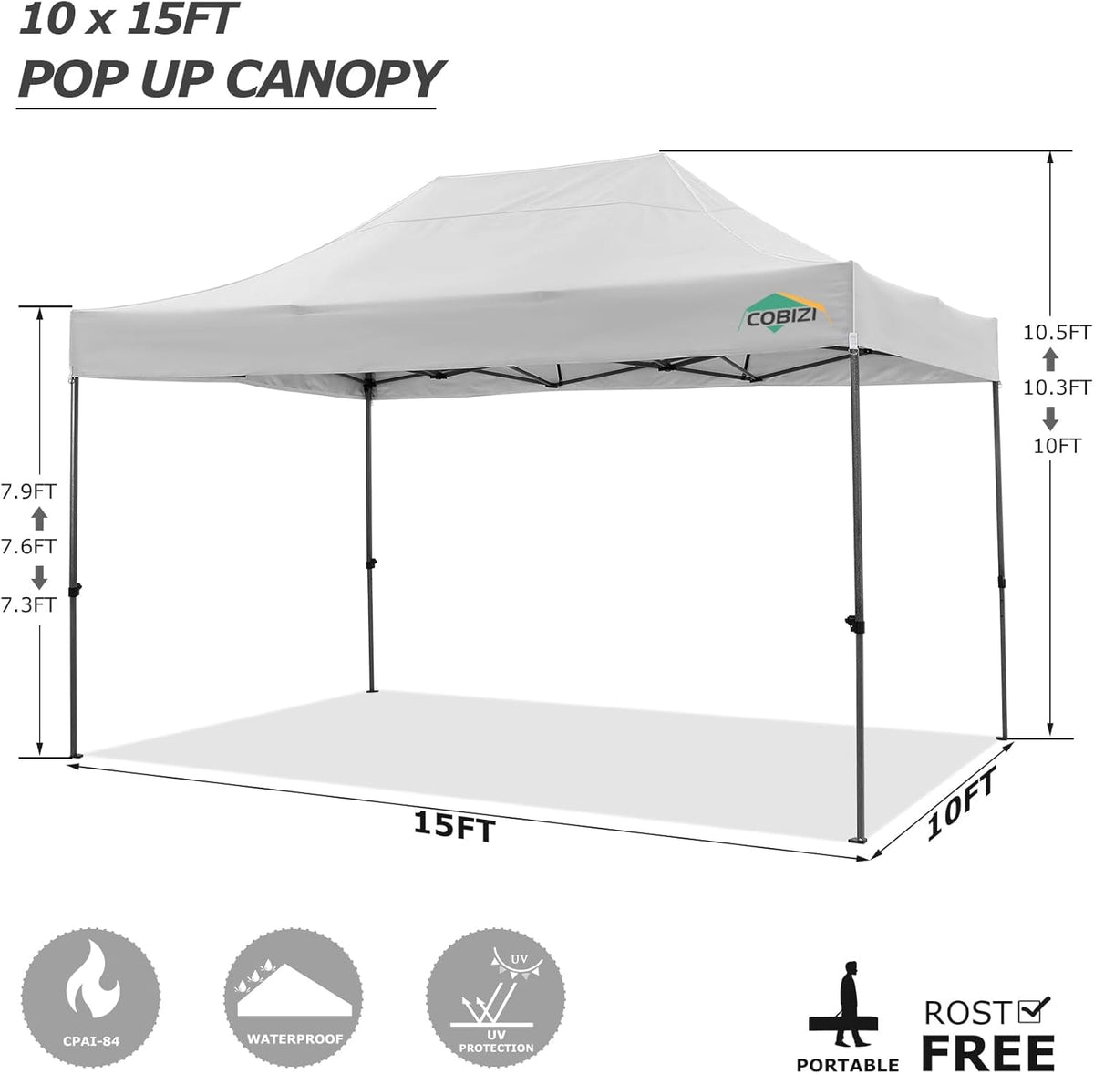 COBIZI Pop-Up Canopy Tent 10x15ft With 4 Sidewalls, White