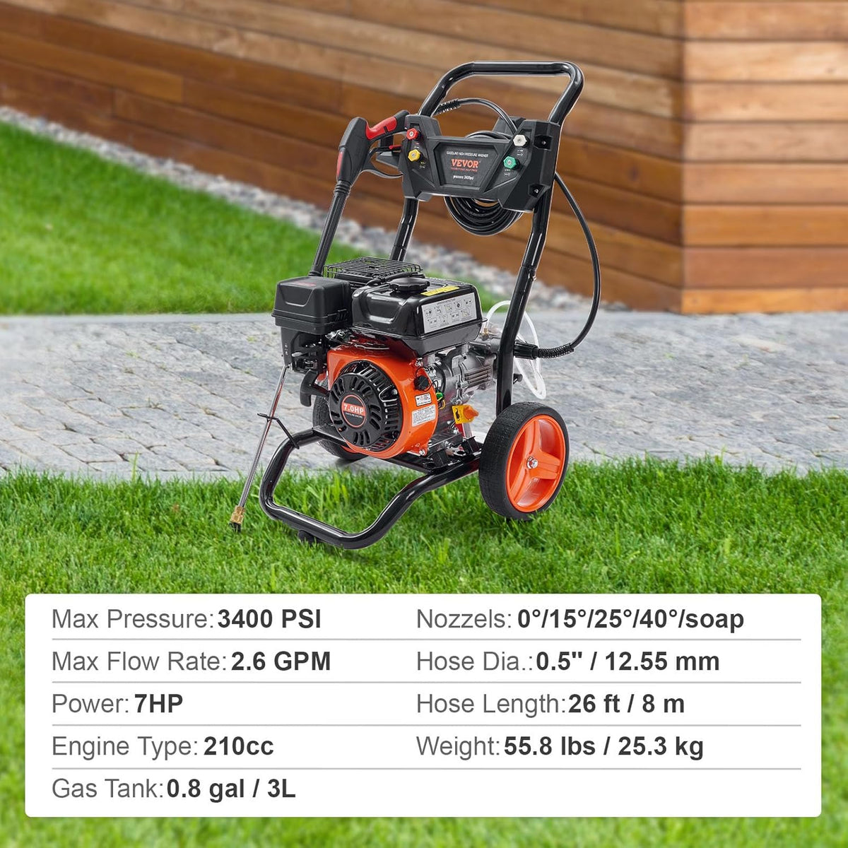 VEVOR Gas Powered Pressure Washer 3400 PSI 2.6 GPM With 5 Quick Connect Nozzles - Copper Pump
