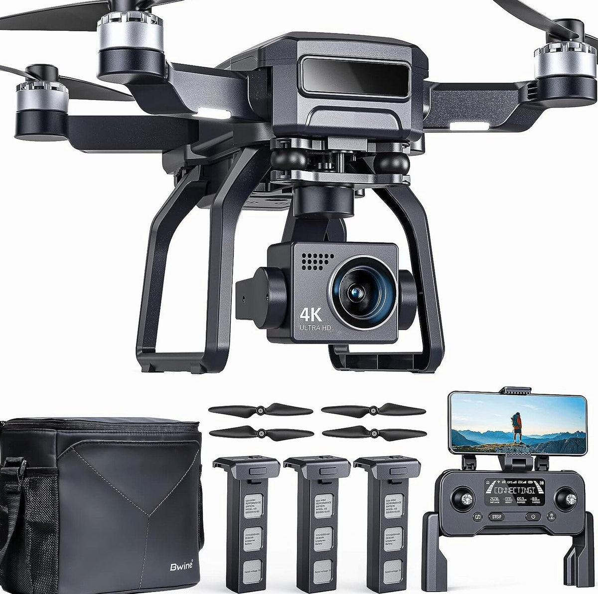 Bwine GPS Camera Drone With 4K Night Vision, 3-Axis Gimbal, 3 Batteries, Black - F7GB2 3B