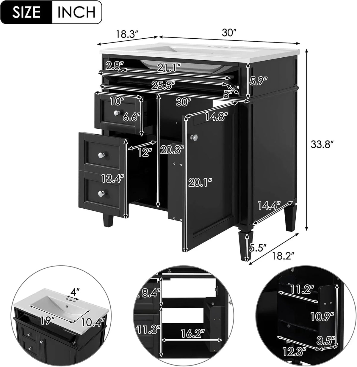 36 Inch Black Freestanding Bathroom Vanity With Single Undermount Sink, 2 Drawers And Tip-Out Drawer
