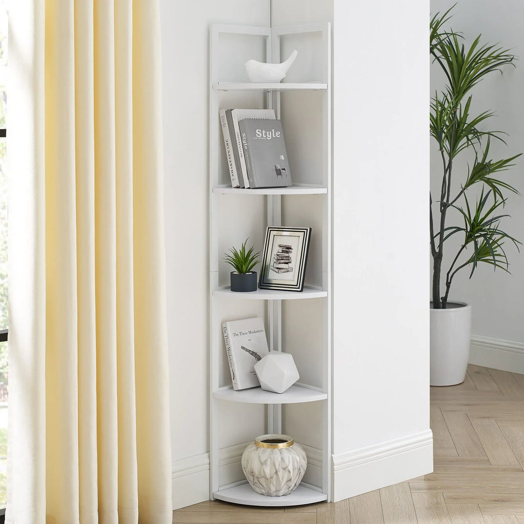 SWAREY 5 Tier Corner Bookcase Plant Stand Storage Shelf White
