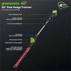Greenworks 60V 20in Brushless Cordless Pole Hedge Trimmer With 2.0Ah Battery And Charger