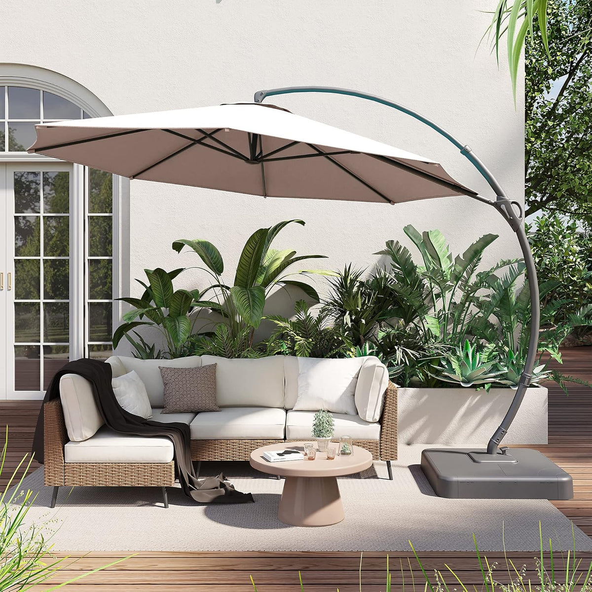 LAUSAINT HOME 11 FT Beige Curvy Cantilever Patio Umbrella With Base