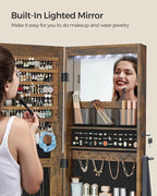 SONGMICS LED Lockable Jewelry Armoire With Full-Length Mirror, Rustic Brown - 14.6in D x 16.3in W x 61.8in H