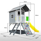 ROVO Wooden Tower Cubby House With Slide, Sandpit, Climbing Wall And Tic-Tac-Toe Panel, Grey, 236 x 176 x 248cm - PLYCBHRV4GYA