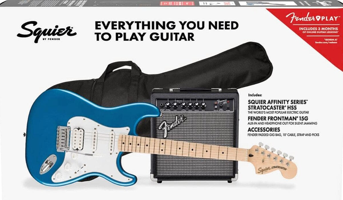 Squier by Fender Affinity Series Stratocaster HSS Electric Guitar Pack, Maple Fingerboard, Lake Placid Blue