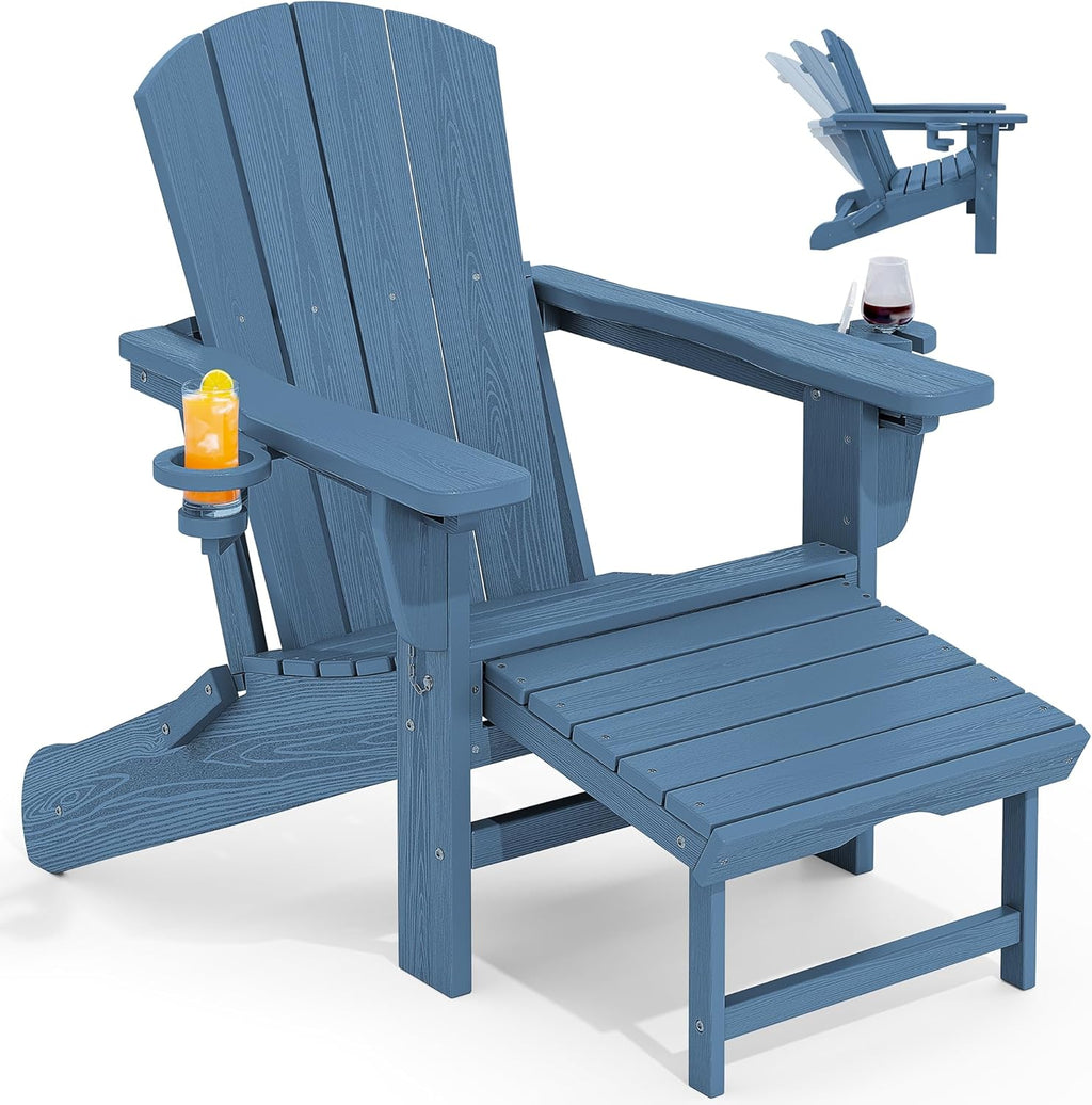 KINGYES Folding Adjustable HDPE Adirondack Recliner Chair With Retractable Ottoman And Cup Holder - Blue