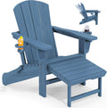 KINGYES Folding Adjustable HDPE Adirondack Recliner Chair With Retractable Ottoman And Cup Holder - Blue
