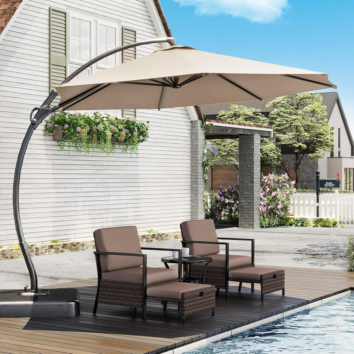 LAUSAINT HOME 11 FT Beige Curvy Cantilever Patio Umbrella With Base