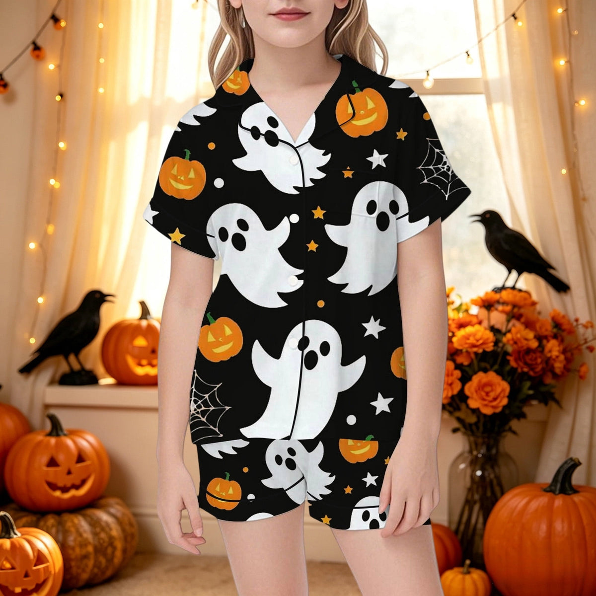 CUZIBR Girls Halloween Pajamas Sets Soft Comfortable Ghost Pumpkin Lapel Button Short Sleeve Shirt Elastic Waist Shorts 2 Pieces Sleep Loungewear Relaxed Sleepwear Outfits, Orange-C