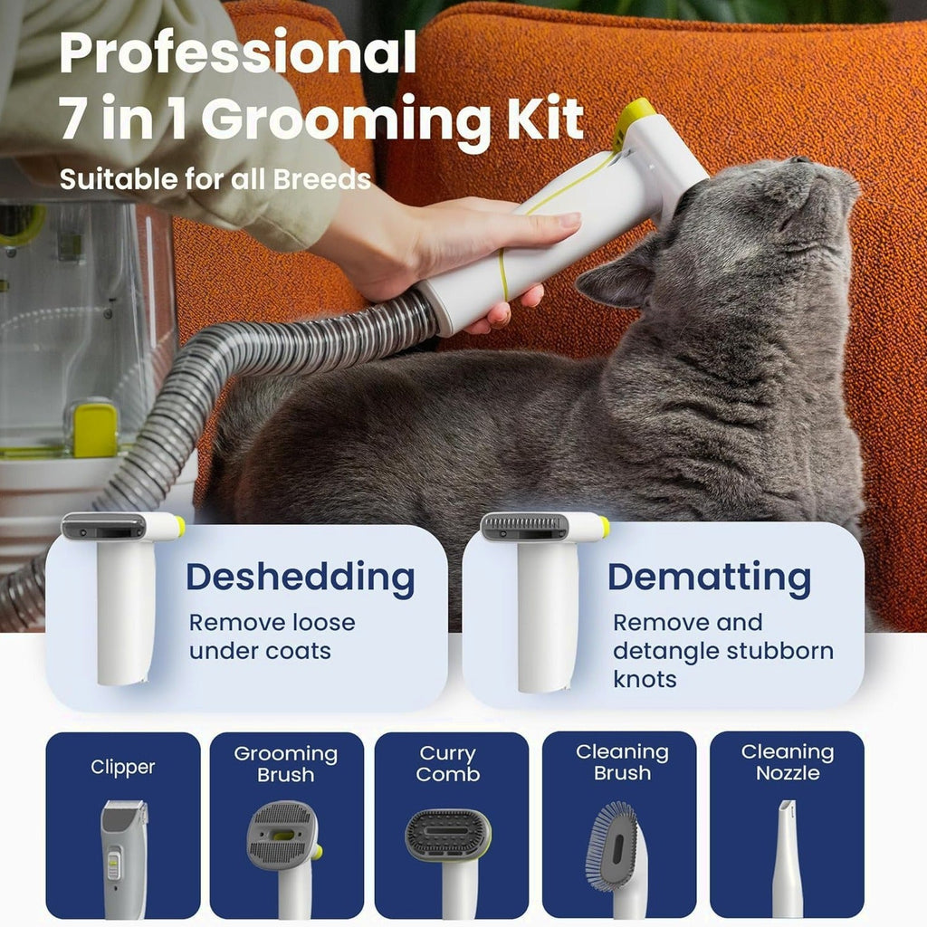 PAWSPIK Pet Grooming Vacuum Kit With 7 Tools, 6 Suction Levels And 2.2L Dust Bin - GroomingPro Rx