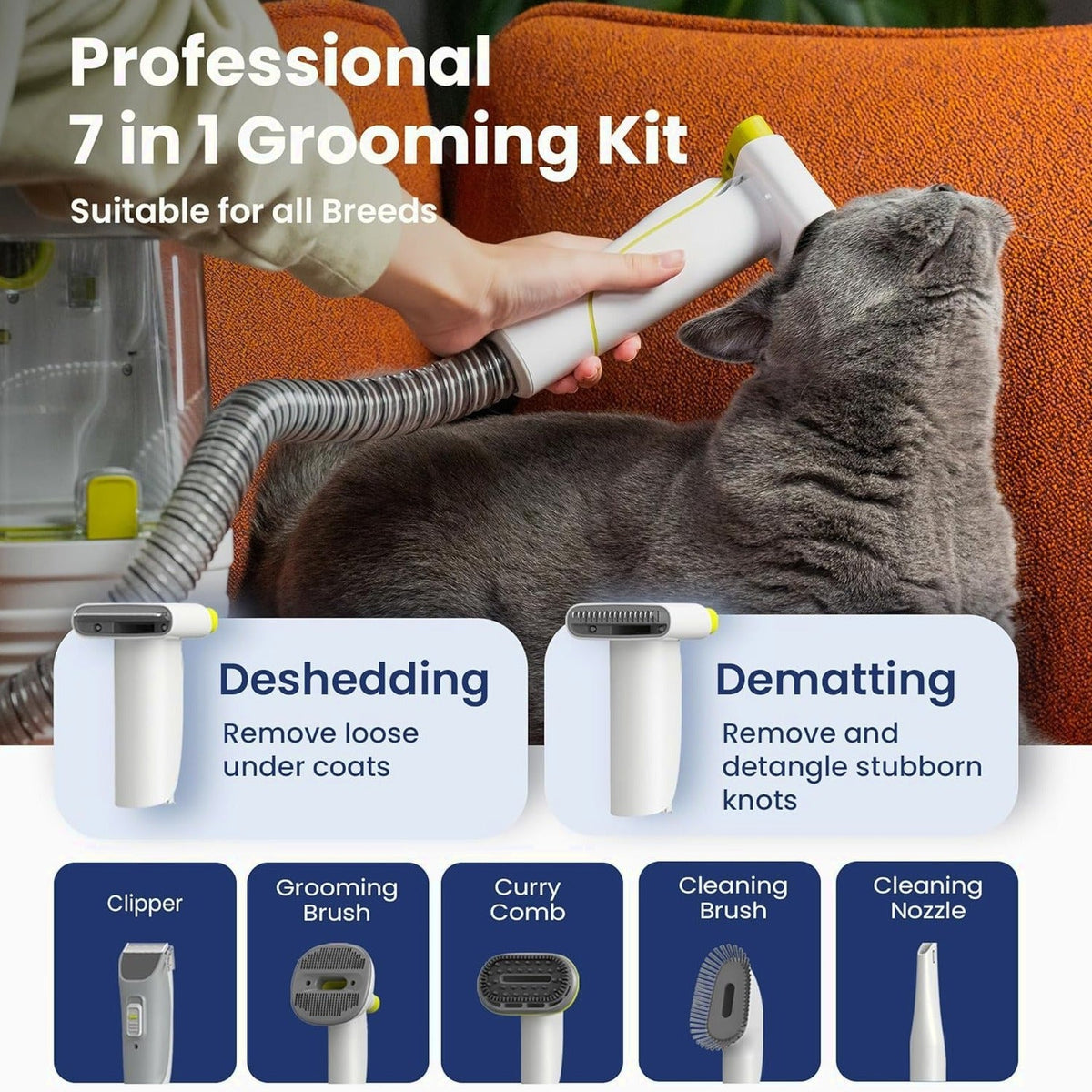PAWSPIK Pet Grooming Vacuum Kit With 7 Tools, 6 Suction Levels And 2.2L Dust Bin - GroomingPro Rx