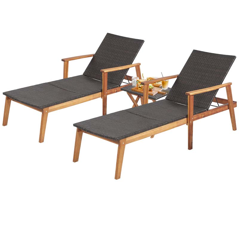 Acacia Wood Rattan Patio Chaise Lounge Chair Set With Folding Side Table