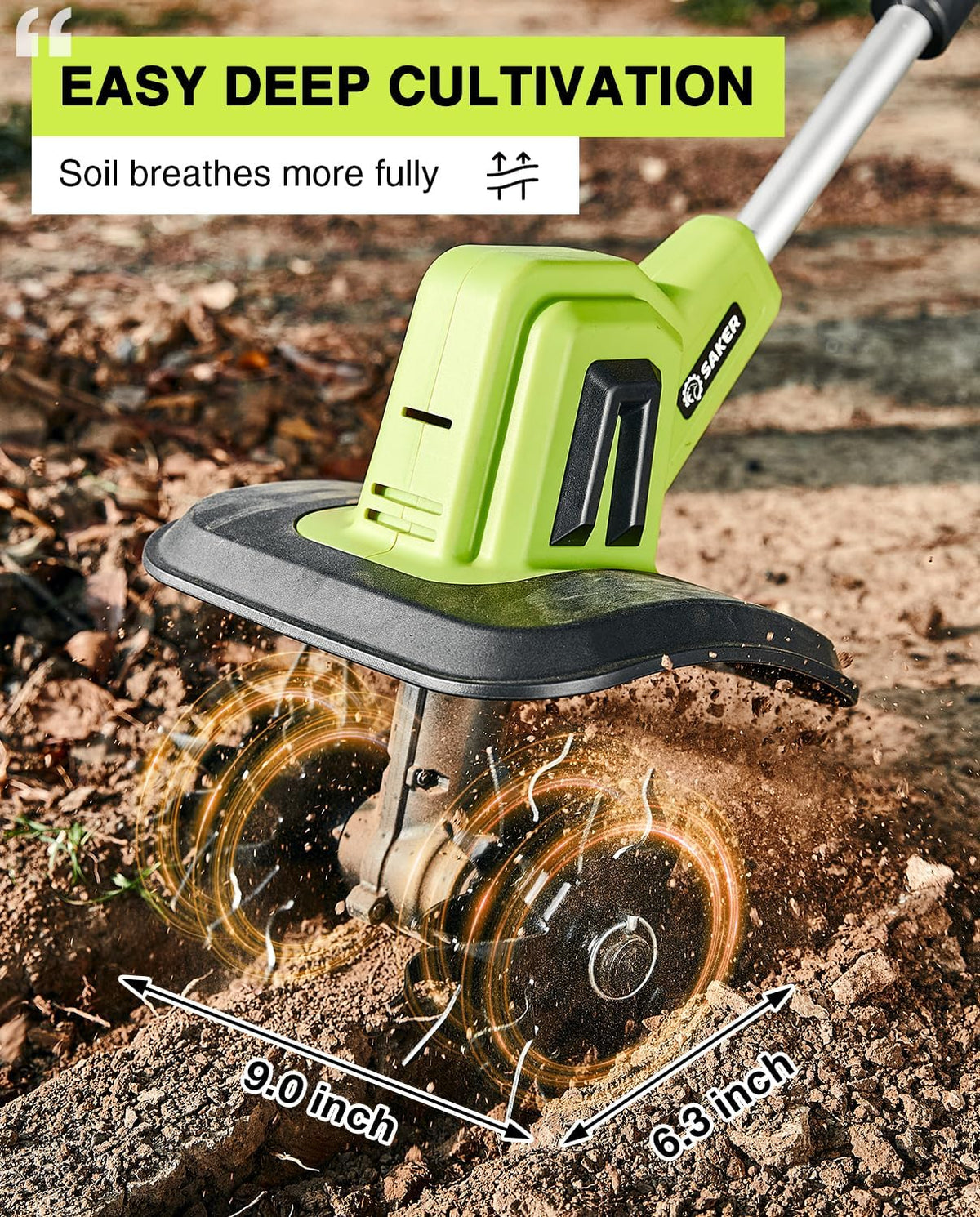Saker 22V Cordless Electric Garden Tiller Cultivator, 9-Inch Width, 6.3-Inch Depth, 2 Batteries - SK-TC18B