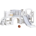 Keezi 4-In-1 Outdoor Play Set With Slide, Swing, Basketball Hoop And Football Ring - Grey And White, 246CM x 147CM x 106.5CM