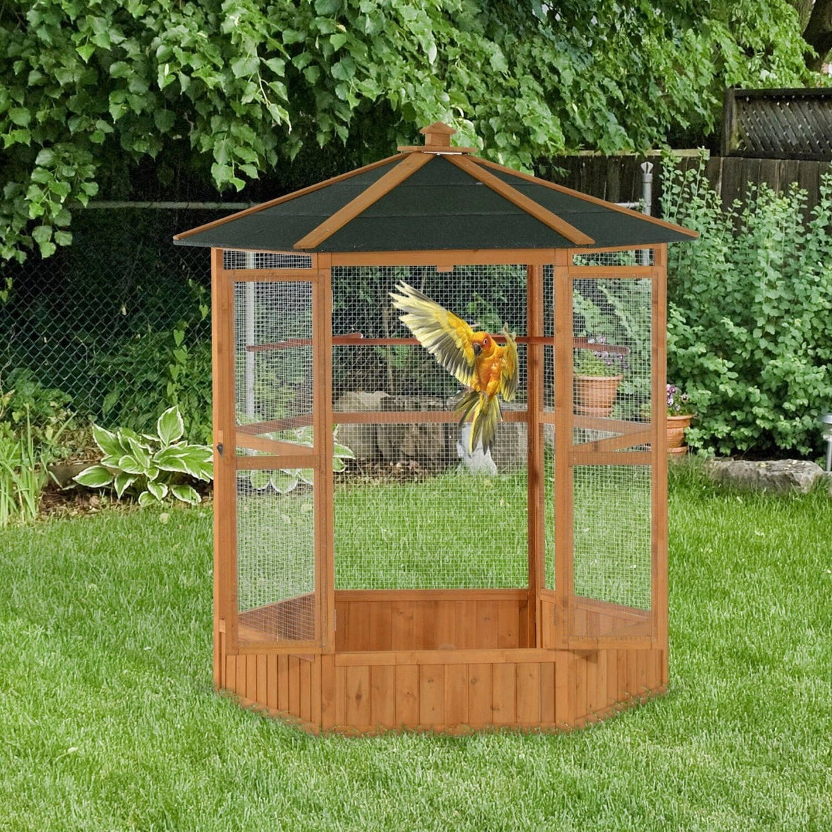 Large Wooden Hexagonal Outdoor Aviary Flight Bird Cage With Covered Roof