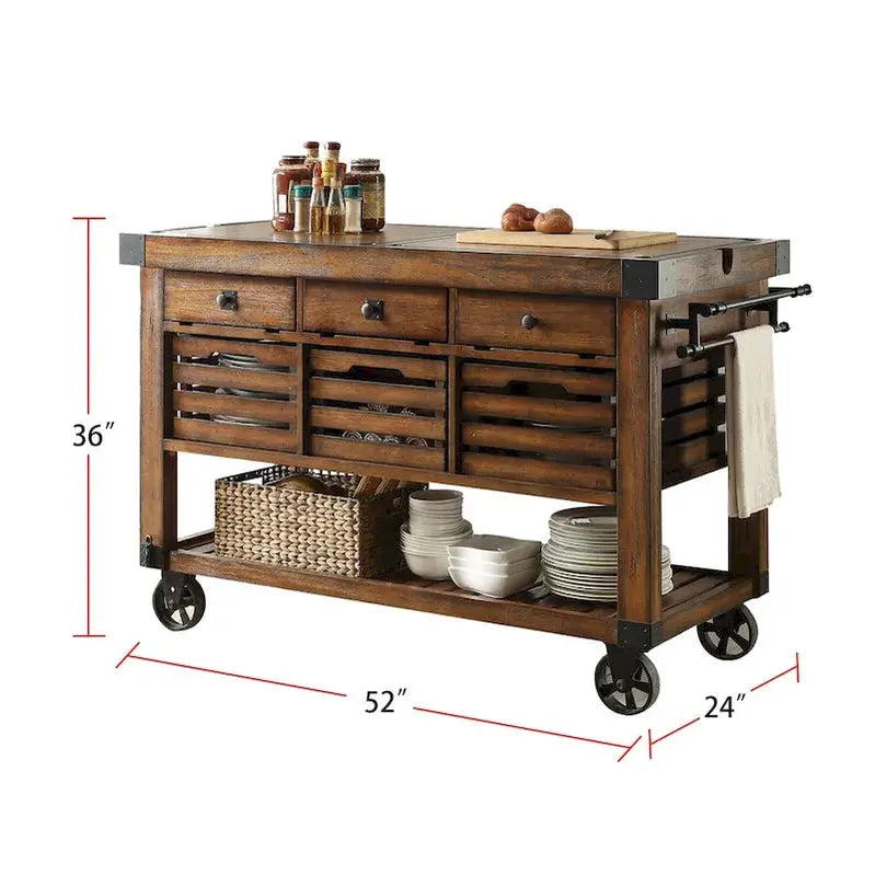 Kitchen Island Cart With 3 Drawers, Wood And Metal, Distressed Chestnut