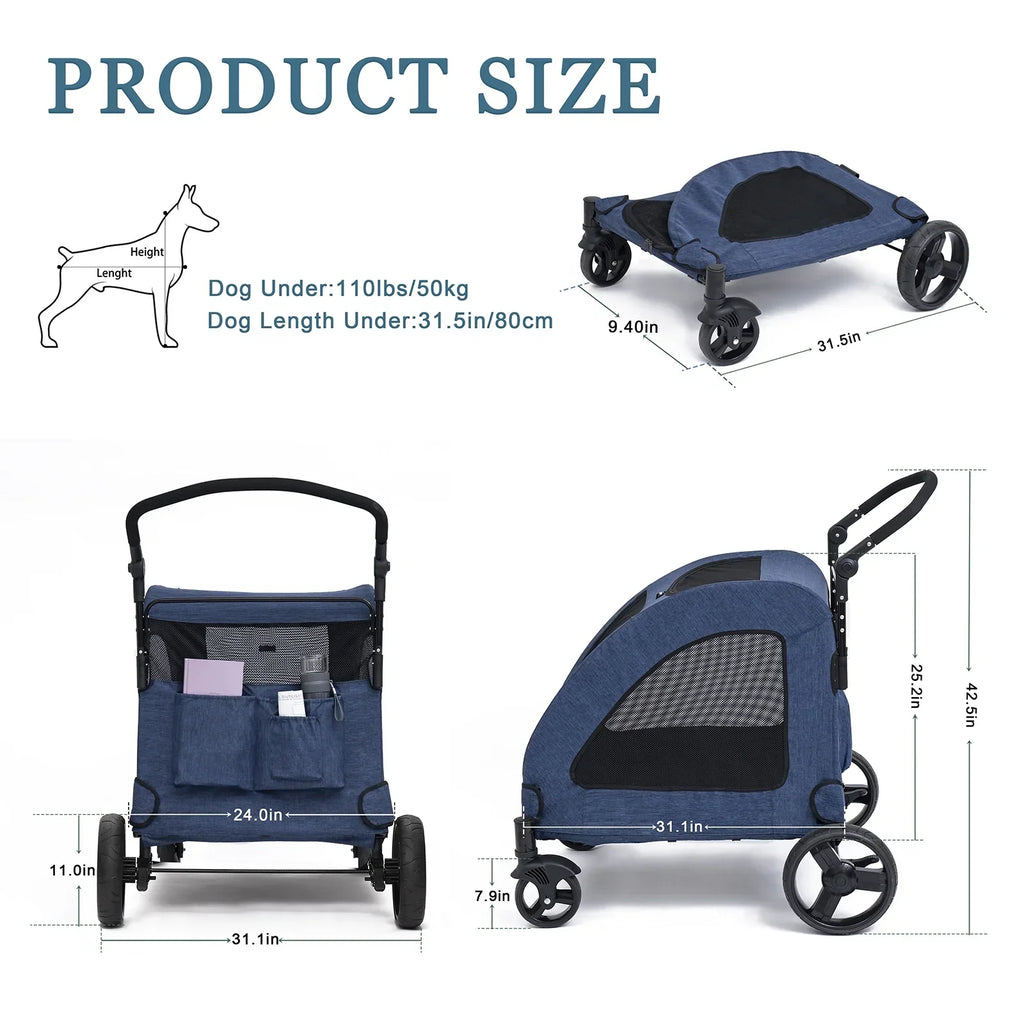 Tikysky 4-Wheel Pet Stroller for Medium and Large Dogs and Cats - Blue