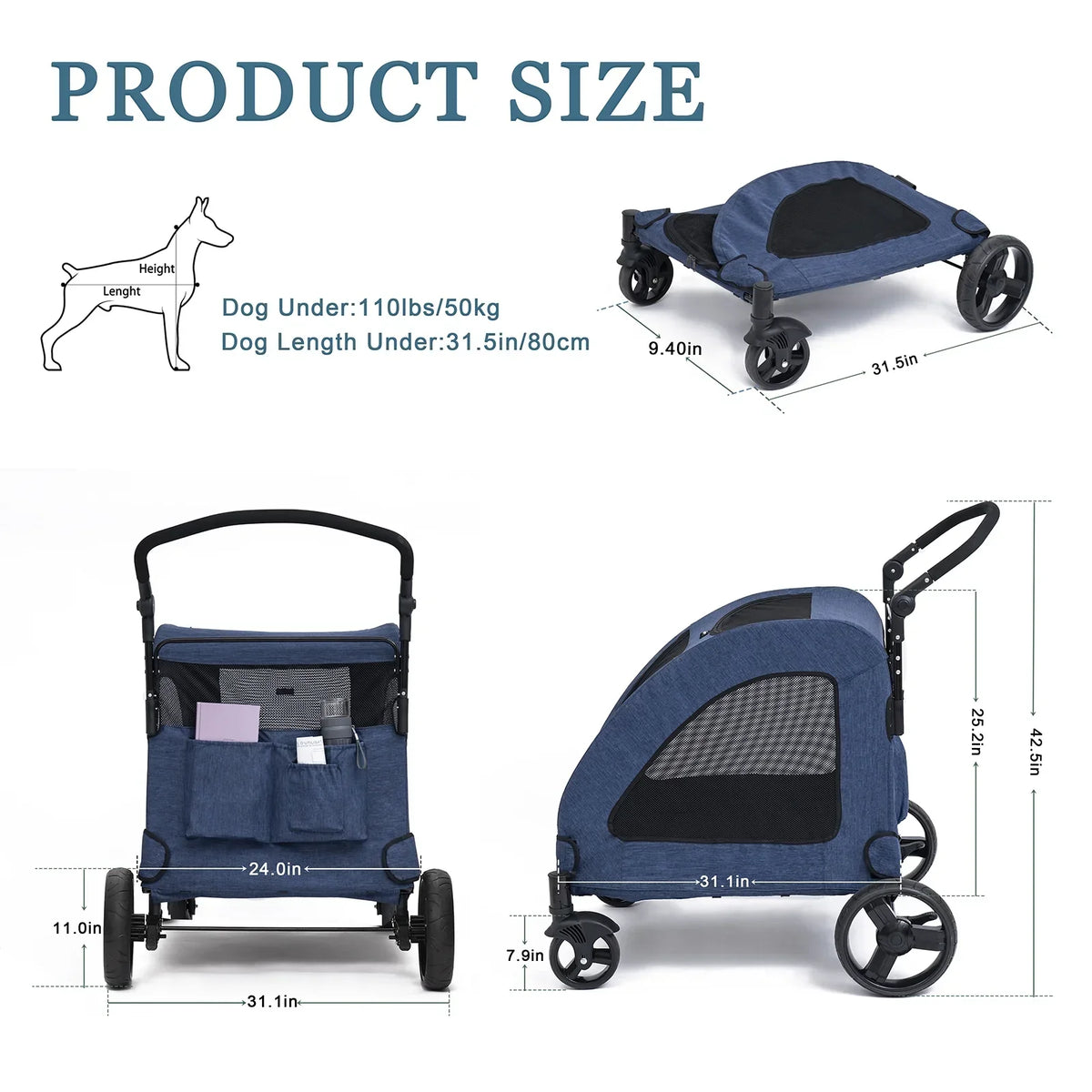 Tikysky 4-Wheel Pet Stroller for Medium and Large Dogs and Cats - Blue