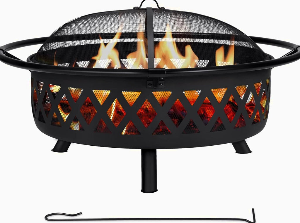 SUNCREAT 42 Inch Star Pattern Wood Burning Patio Fire Pit With Mesh Spark Screen And Poker, Black