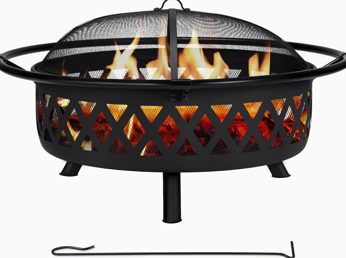 SUNCREAT 42 Inch Star Pattern Wood Burning Patio Fire Pit With Mesh Spark Screen And Poker, Black