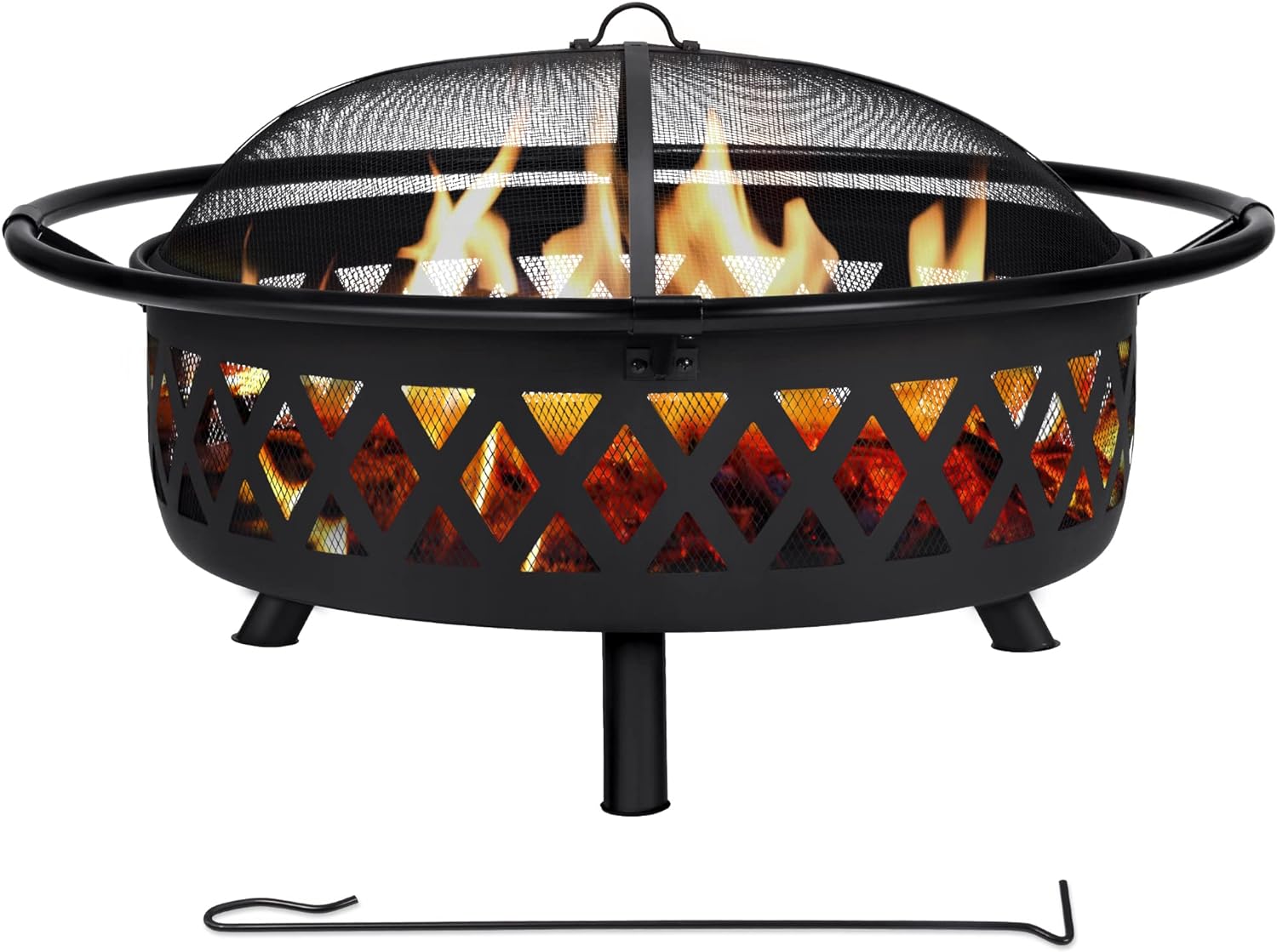 SUNCREAT 42 Inch Star Pattern Wood Burning Patio Fire Pit With Mesh Spark Screen And Poker, Black