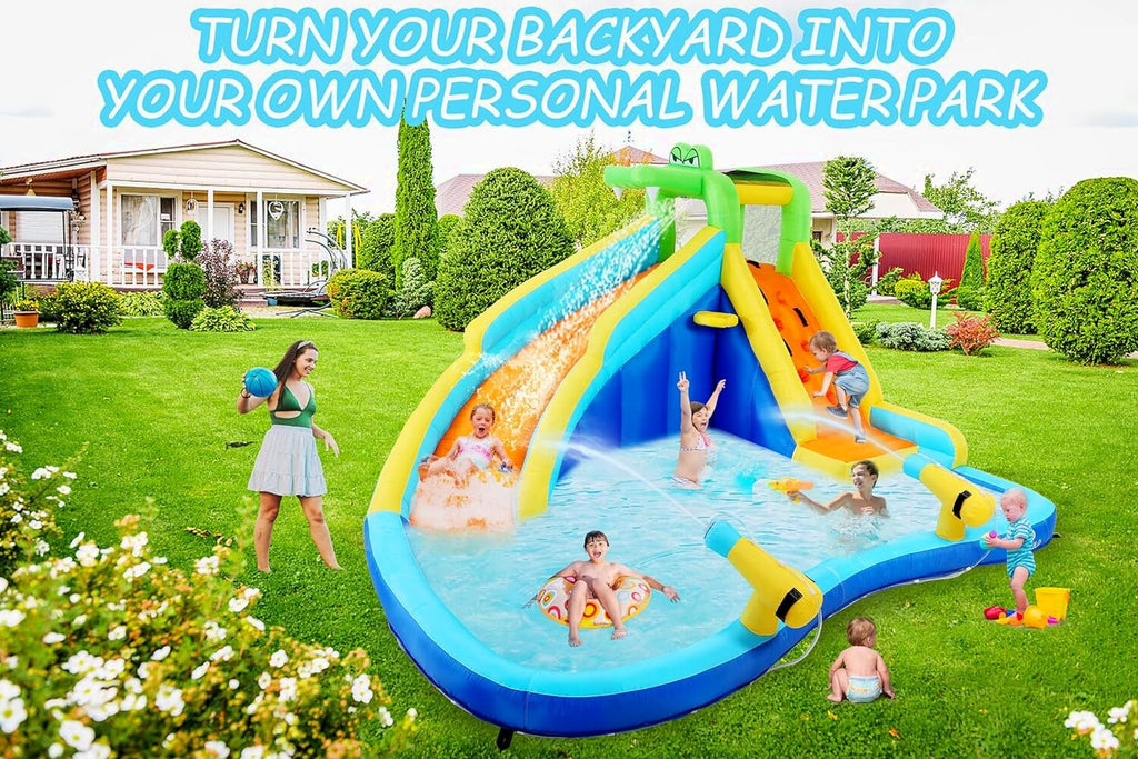 ROOJER 8-in-1 Kids Inflatable Bounce House Water Park With 450W Blower, 2 Water Cannons, Crocodile Sprinkler - B0C2HLK2R4