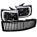 Spec-D Tuning LED Light Bar Projector Headlights and Vertical Grille, Jet Black/Clear, Left/Right Pair - 2007-2014 Chevrolet Silverado