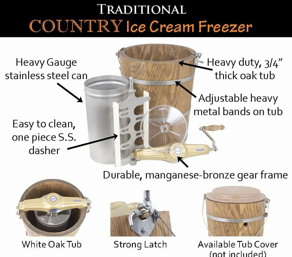 6 qt Country Ice Cream Maker With Classic Wooden Tub - Hand Crank