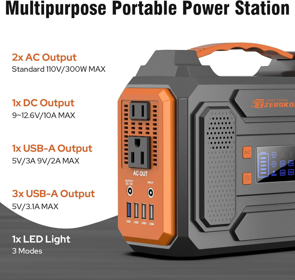 ZeroKor 300W Portable Power Station Bundle With 60W Solar Panel And 120W Power Bank