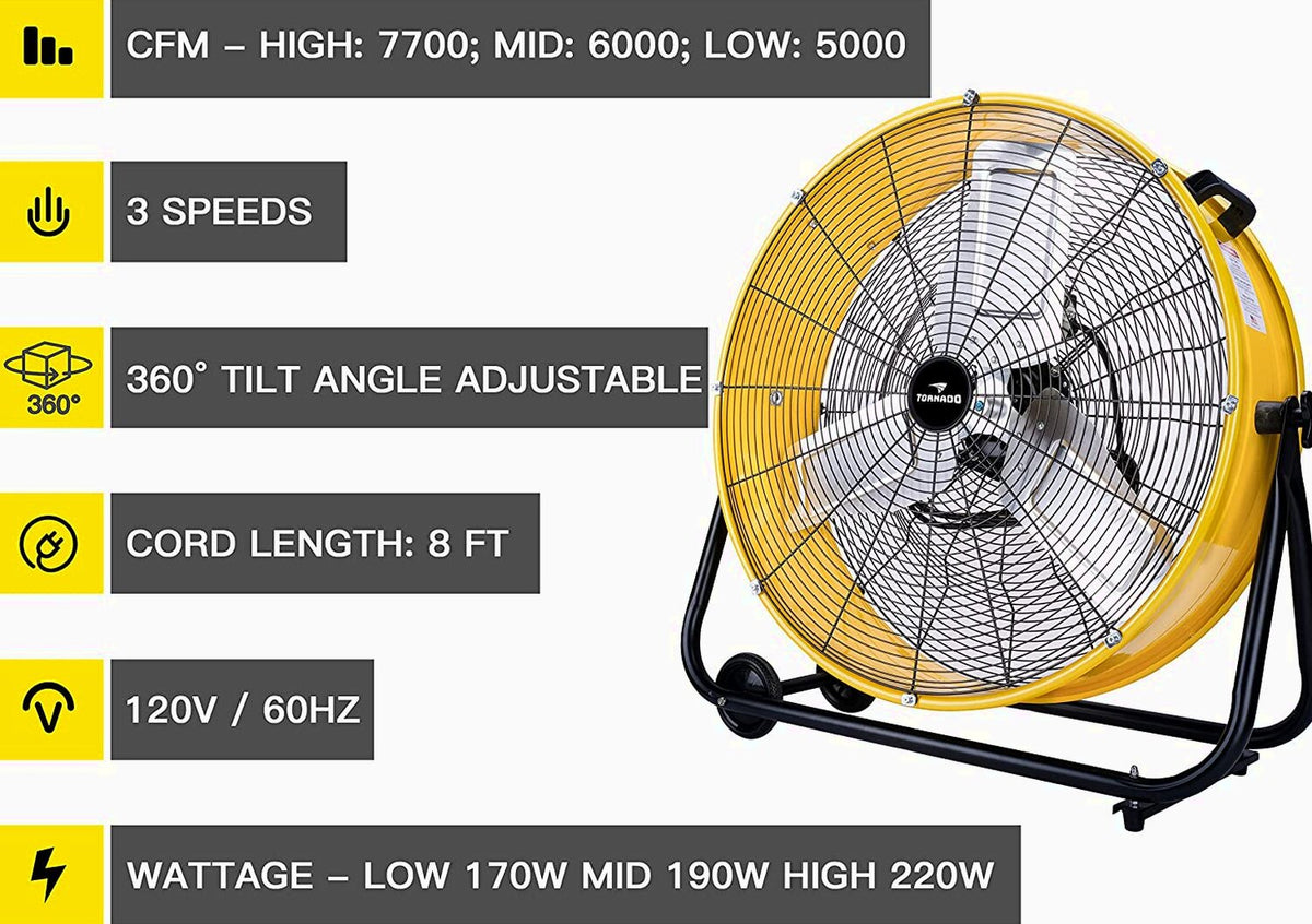 Tornado 24 Inch High Velocity 3 Speed Drum Air Circulator Fan, Yellow - HI-FAN-DRUM24-1P