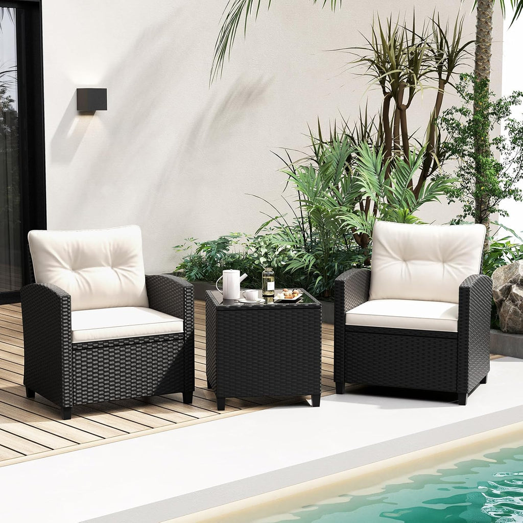 Tangkula 3-Piece Patio Rattan Conversation Set With Cushions And Glass-Topped Coffee Table